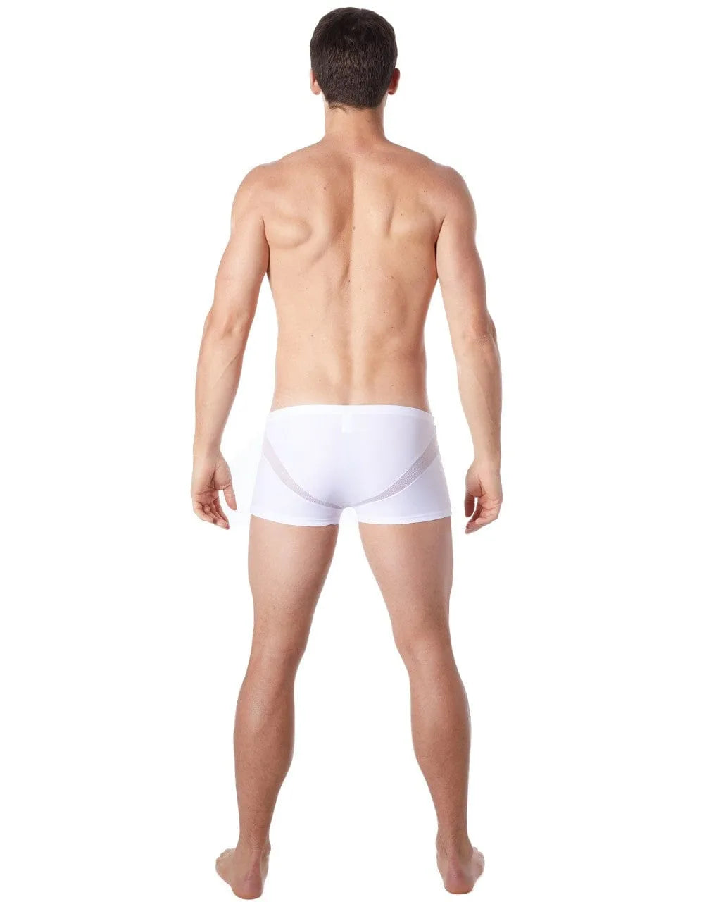 Boxer homme blanc ajusté avec bandes en V résille, coupe séduisante et confortable, polyester élasthanne.