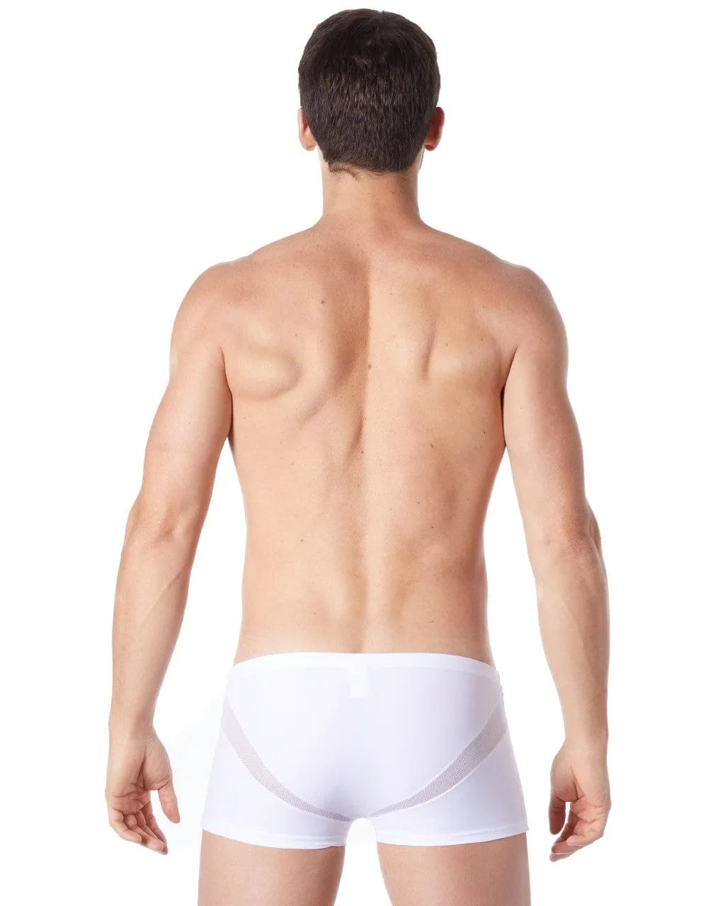 Boxer homme blanc ajusté avec bandes en V résille, polyester élasthanne, confortable et séduisant, vue de dos.