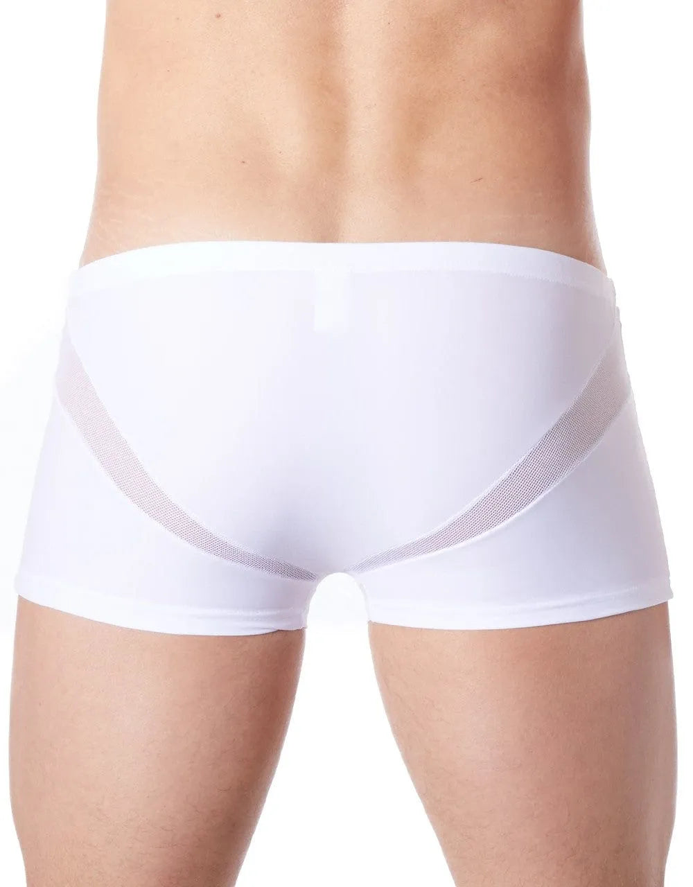 Boxer homme blanc ajusté, bandes en V résille, polyester élasthanne, confort et séduction, vue arrière.