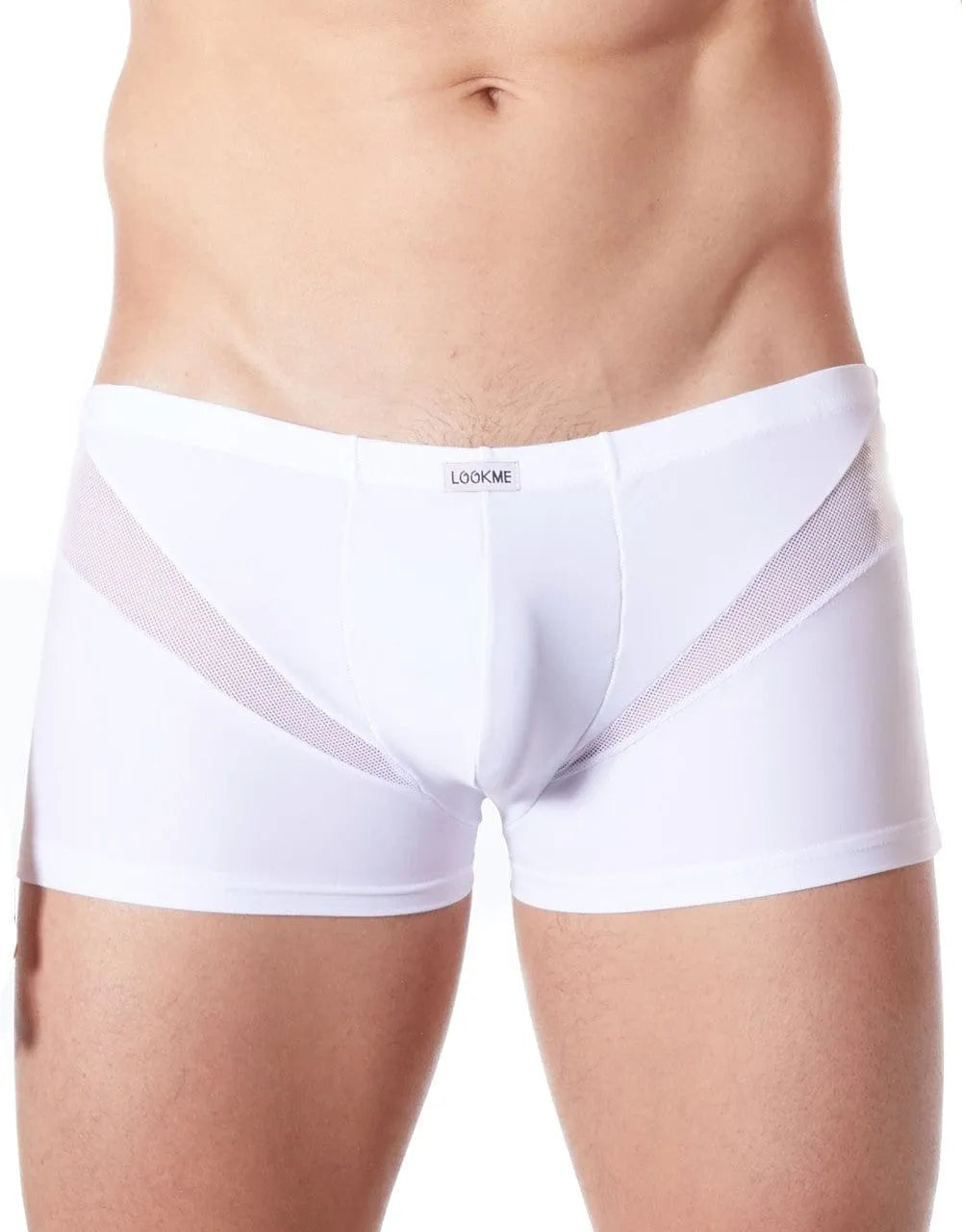 Boxer homme blanc ajusté avec bandes résille en V, confortable et doux, polyester élasthanne, style séduisant.