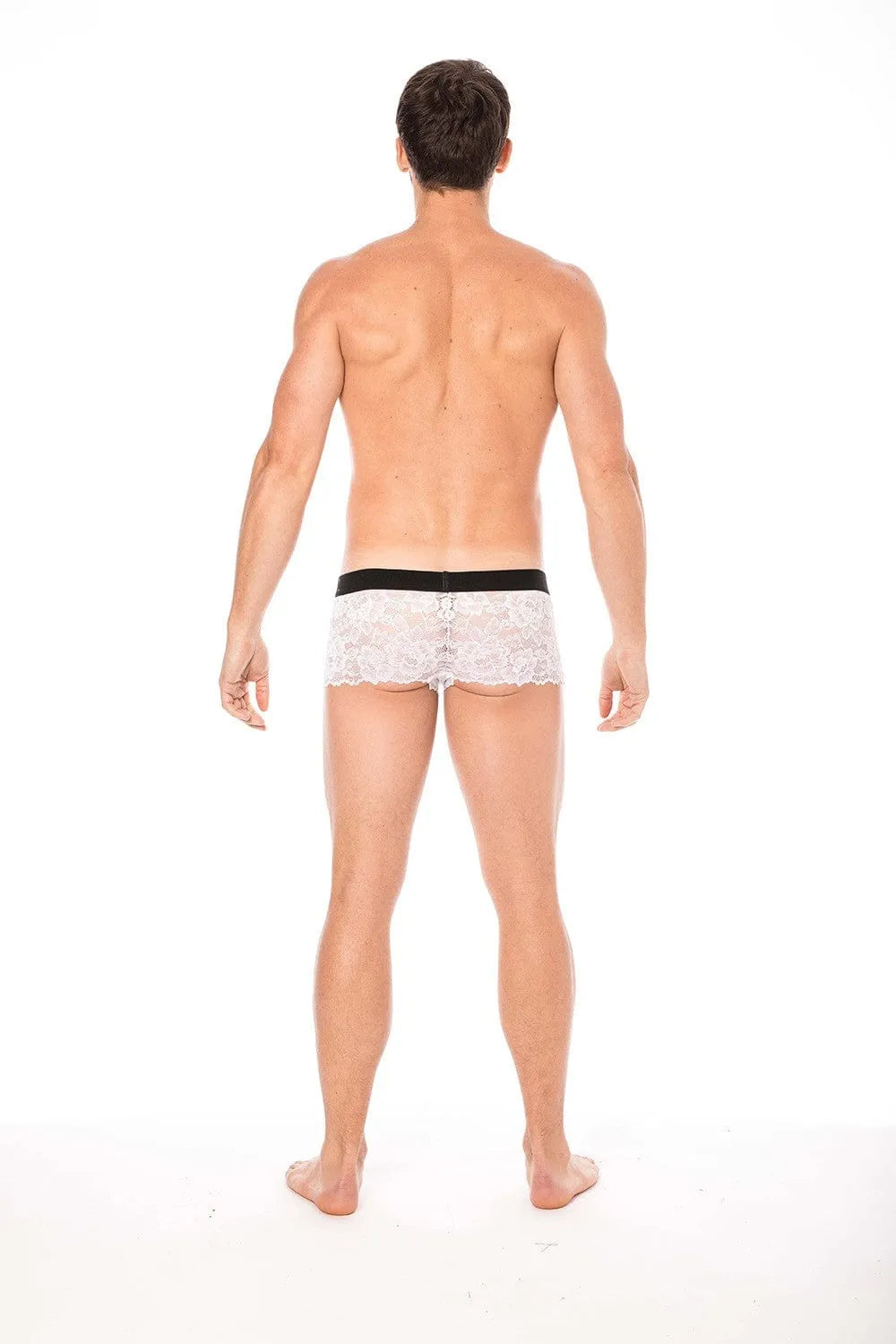 Boxer homme blanc en dentelle florale, poche opaque, ajusté, élégant, sur mannequin de dos, fond blanc.