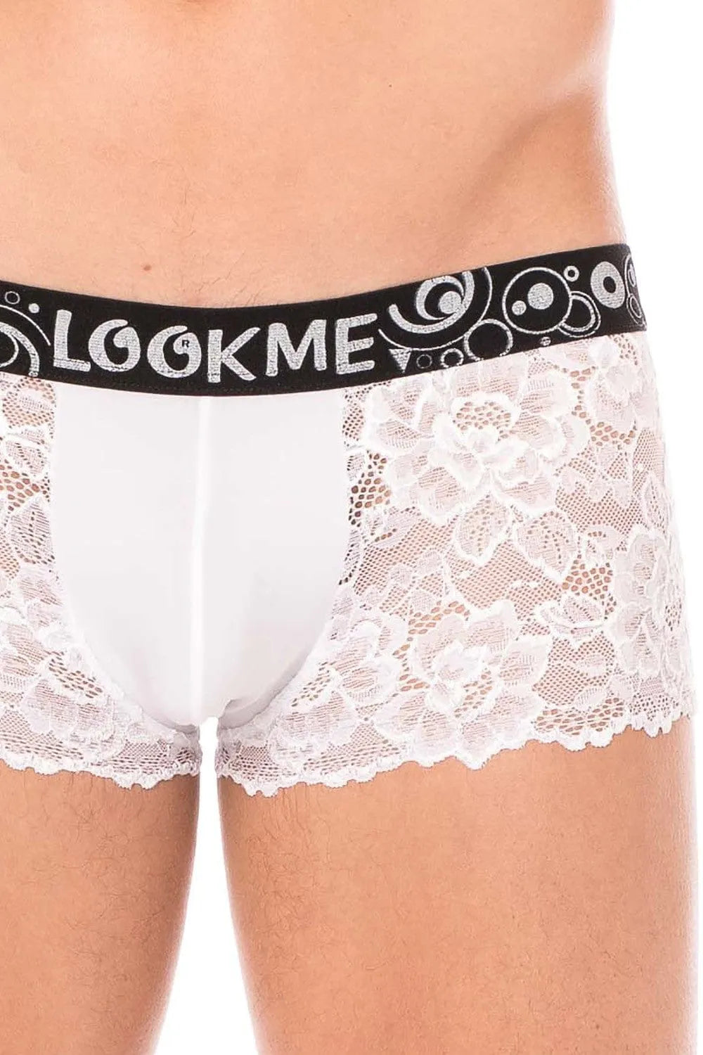 Boxer homme blanc dentelle florale, poche opaque, maintien ajusté, élégant et extensible, polyester et élasthanne.