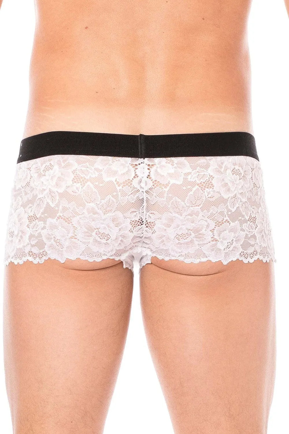 Boxer homme blanc en dentelle florale, poche opaque, ceinture noire, ajusté et élégant, polyester et élasthanne.