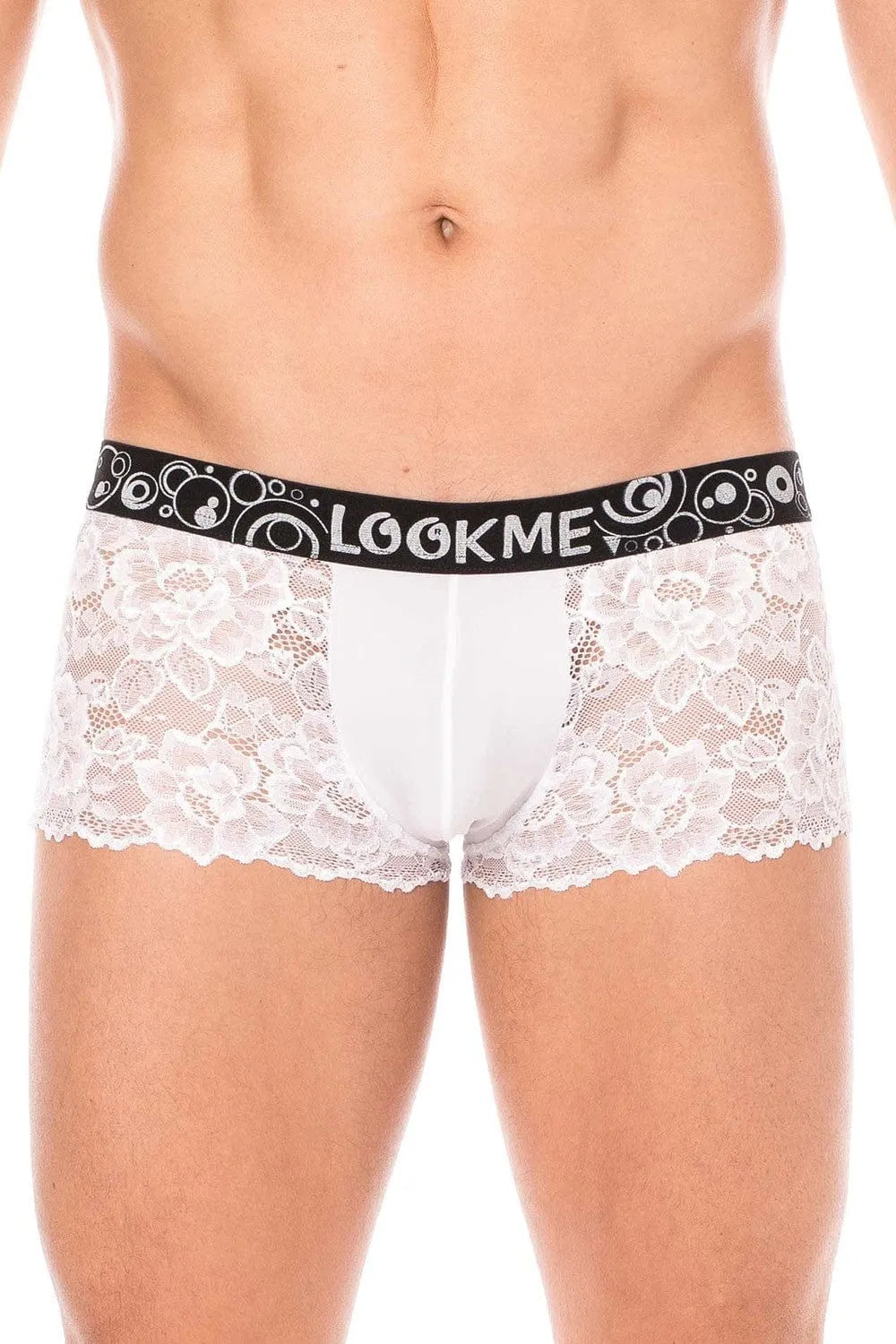 Boxer dentelle blanche homme, motif floral, poche opaque, ceinture noire, ajusté, élégant, polyester et élasthanne.