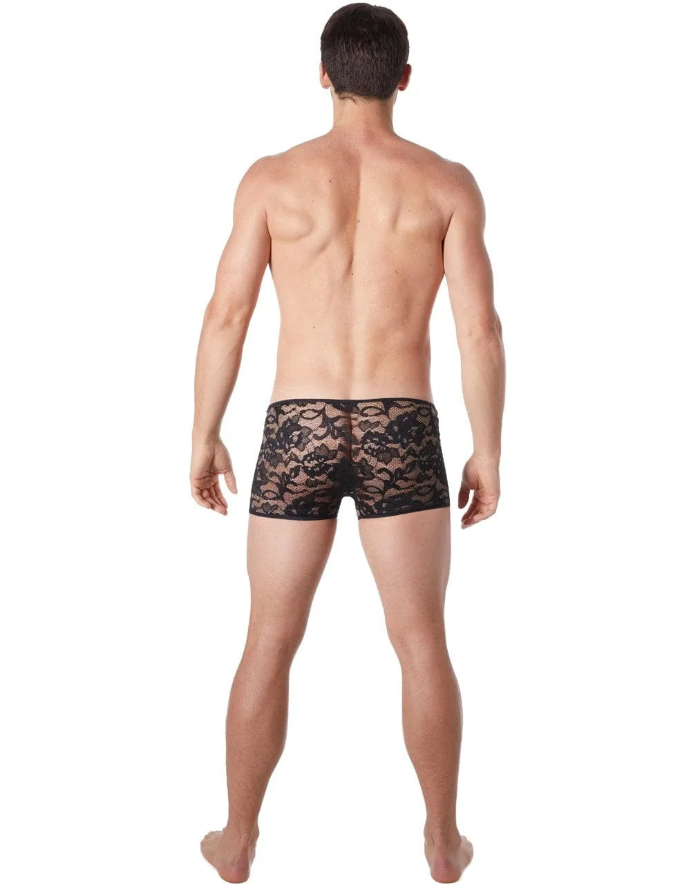 Caleçon homme noir en dentelle florale, transparent et ajusté, offrant confort et élégance pour un style sensuel et raffiné.
