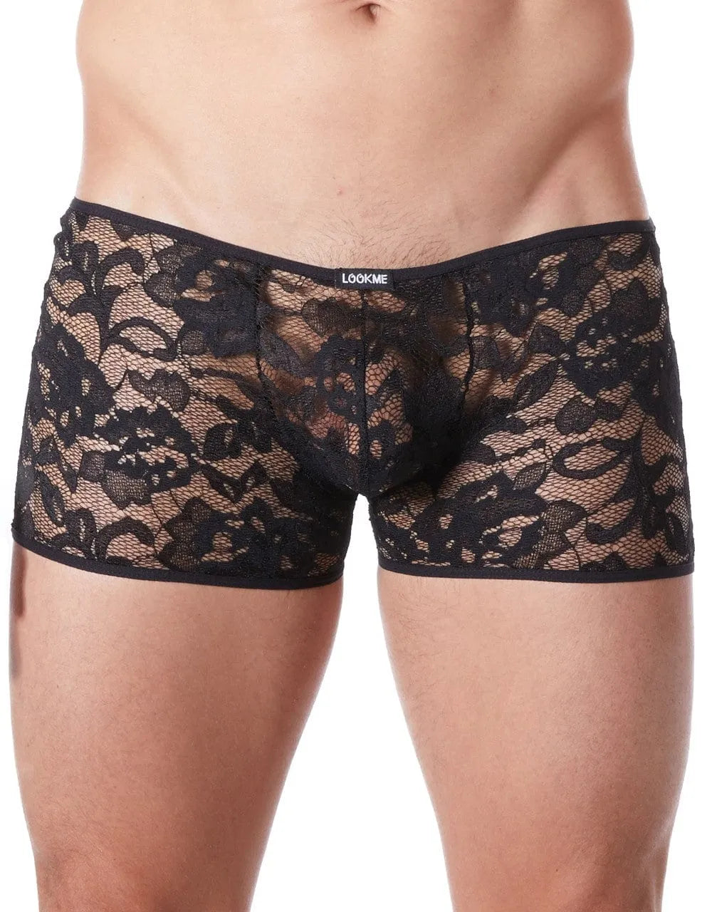 Caleçon homme noir en dentelle florale, transparent et ajusté, style élégant et sensuel, tissu doux et extensible.