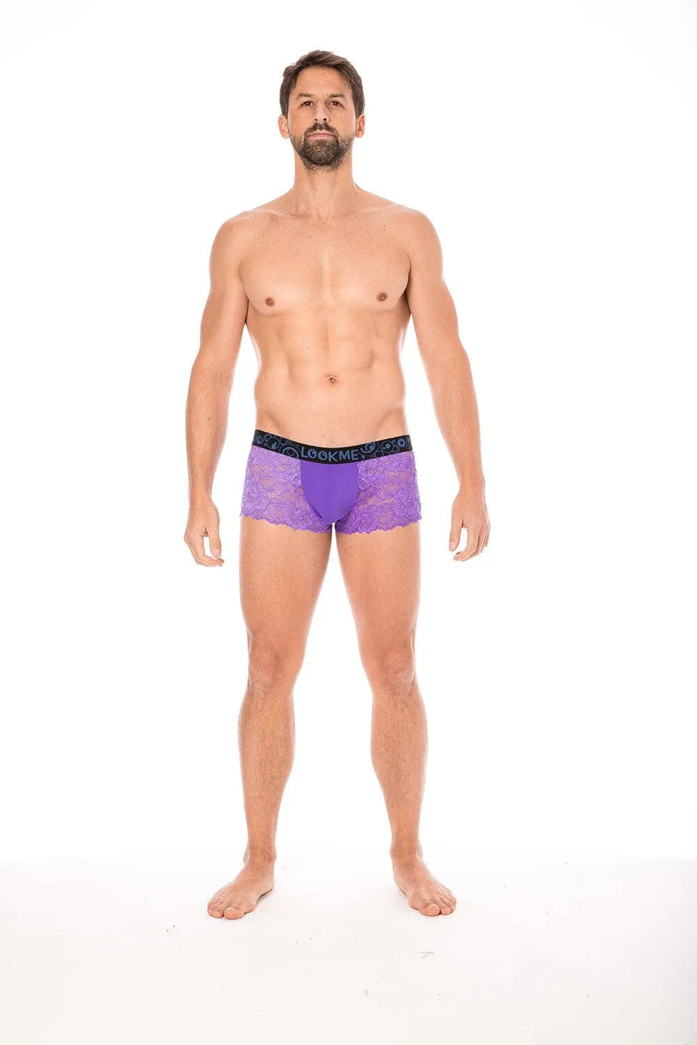 Caleçon homme dentelle violette florale, polyester élasthanne, poche opaque, maintien confort, lingerie sexy élégante.