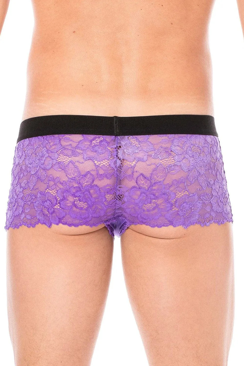 Caleçon homme violet en dentelle florale, poche opaque, maintien confortable, collection lingerie sexy, polyester élasthanne.