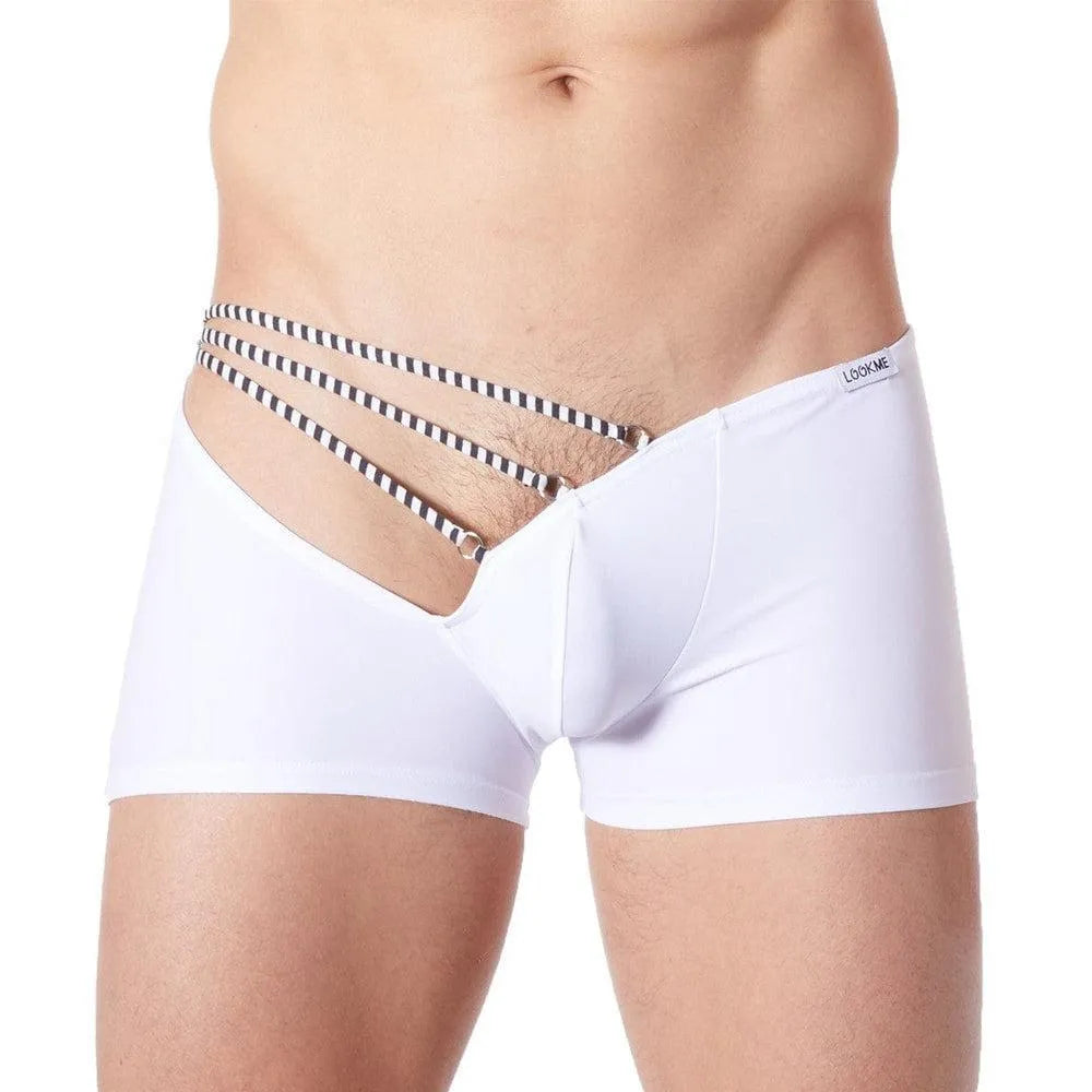 caleçon boxer homme sexy blanc cordelettes rayées croisées dos polyamide élasthanne extensible confortable maintien léger élégant