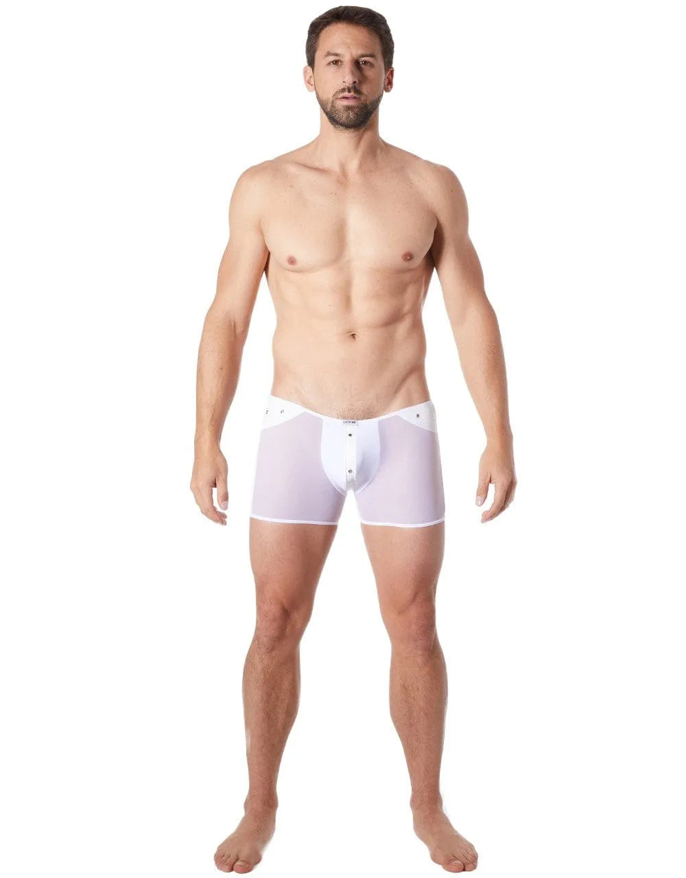 Boxer blanc transparent maille fine, avant opaque, bande cuir verticale, anneaux métalliques, polyester élasthanne.