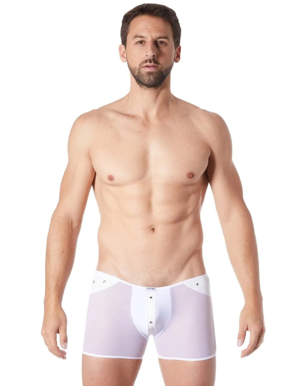 Caleçon blanc sexy transparent, maille fine, bande cuir verticale, anneaux métalliques, polyester élasthanne, homme.
