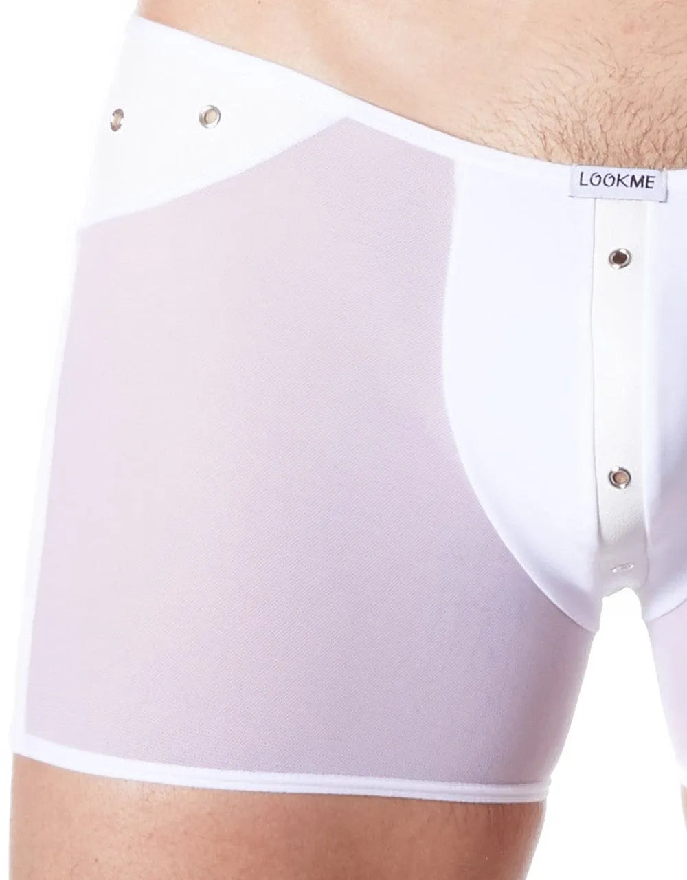 Caleçon sexy blanc transparent maille fine, avant opaque, bande cuir avec anneaux métalliques, confortable et extensible.