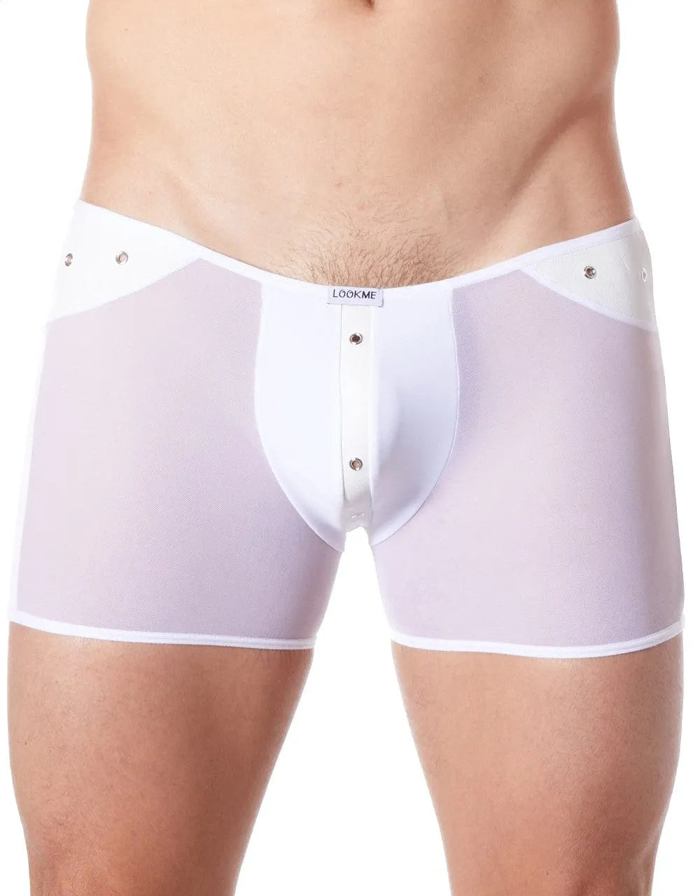 Caleçon blanc transparent maille fine, avant opaque, bande cuir verticale, anneaux métalliques, style provocant et confort...