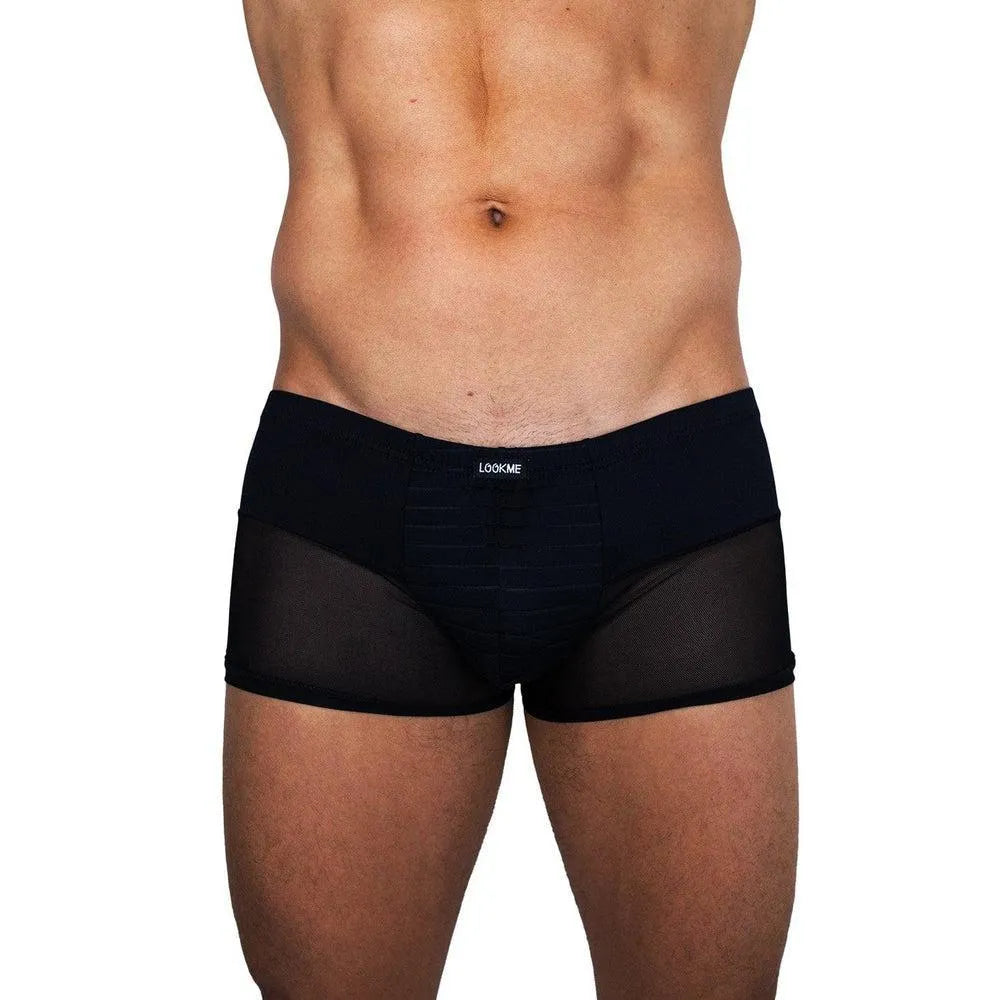 Boxer sexy homme noir rayé avant bandes opaques petites transparentes dos totalement assorti maille fine polyamide élasthanne confortable élégant dentelle