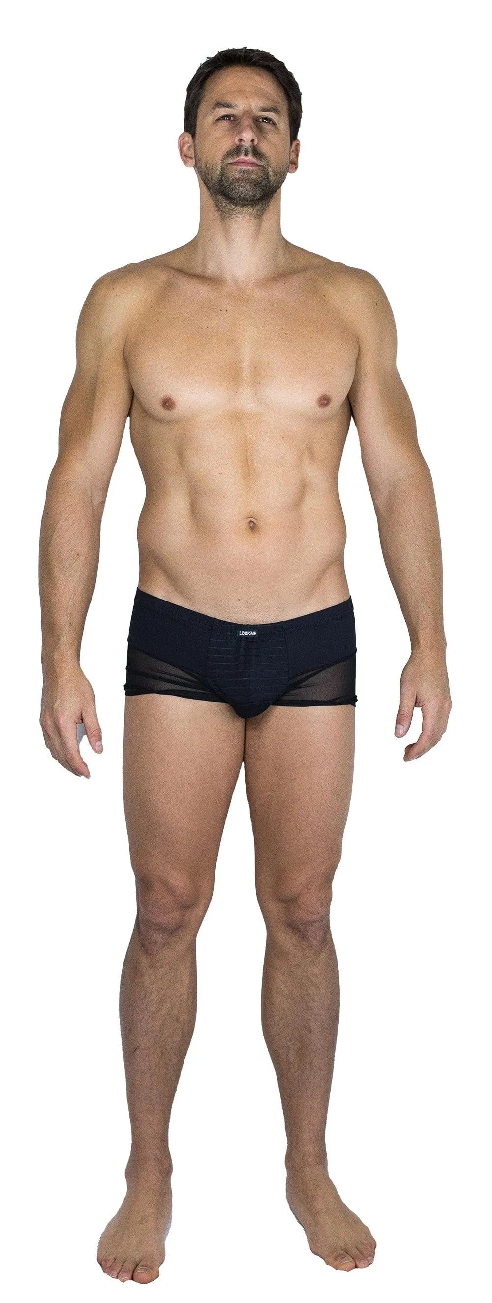Boxer homme noir rayé, bandes opaques et transparentes, dos assorti, maille fine, élégant et confortable.