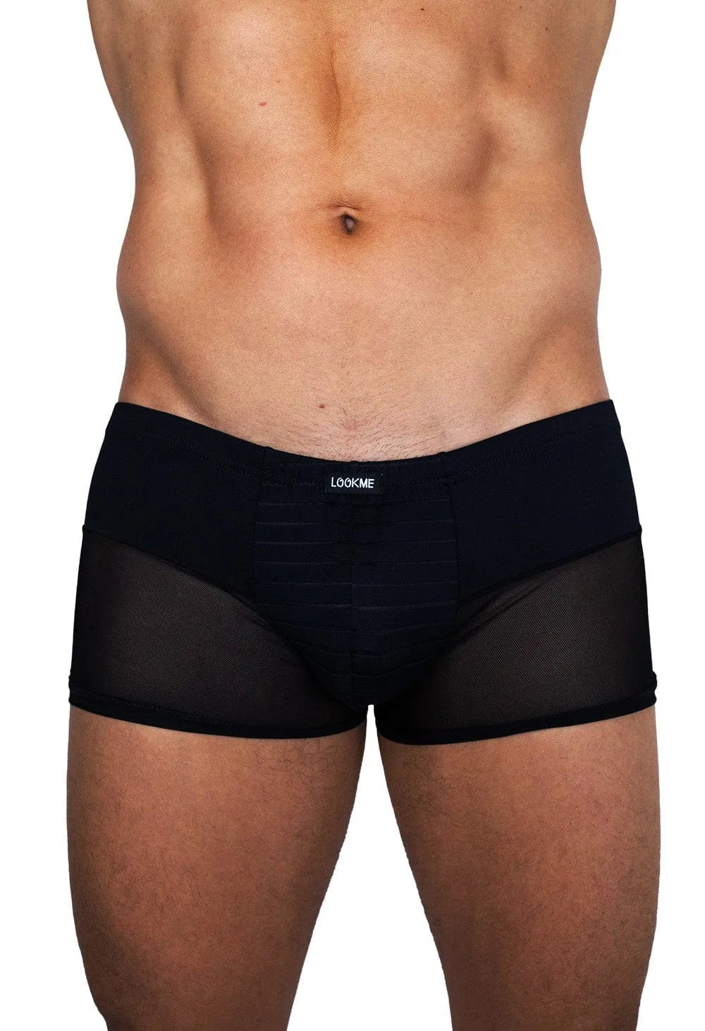 Boxer homme noir rayé, bandes opaques et transparentes, dos assorti, maille fine, polyamide élasthanne, élégant.