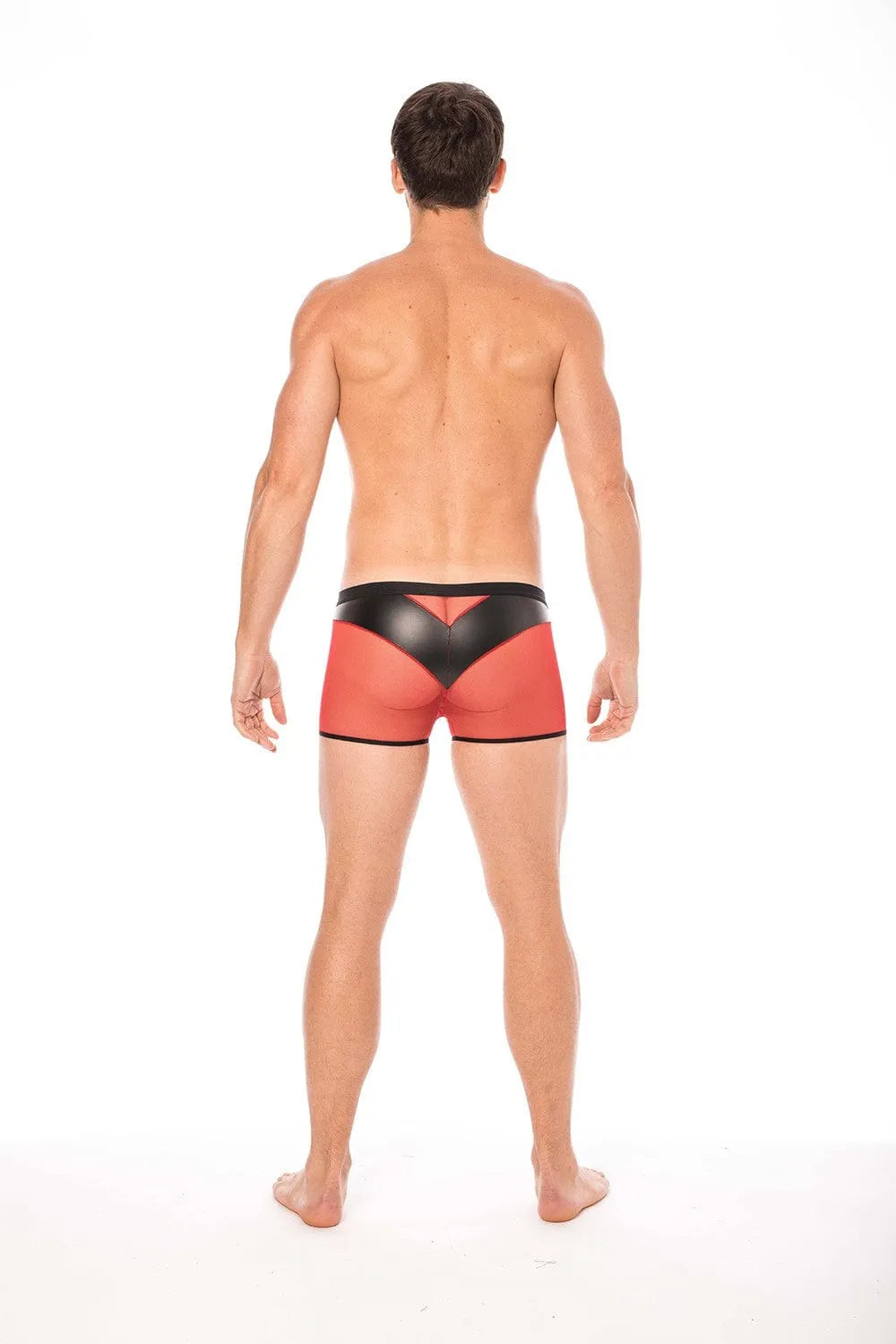 Boxer homme rouge résille et similicuir noir, poche avant, design transparent et opaque, élégant et extensible.