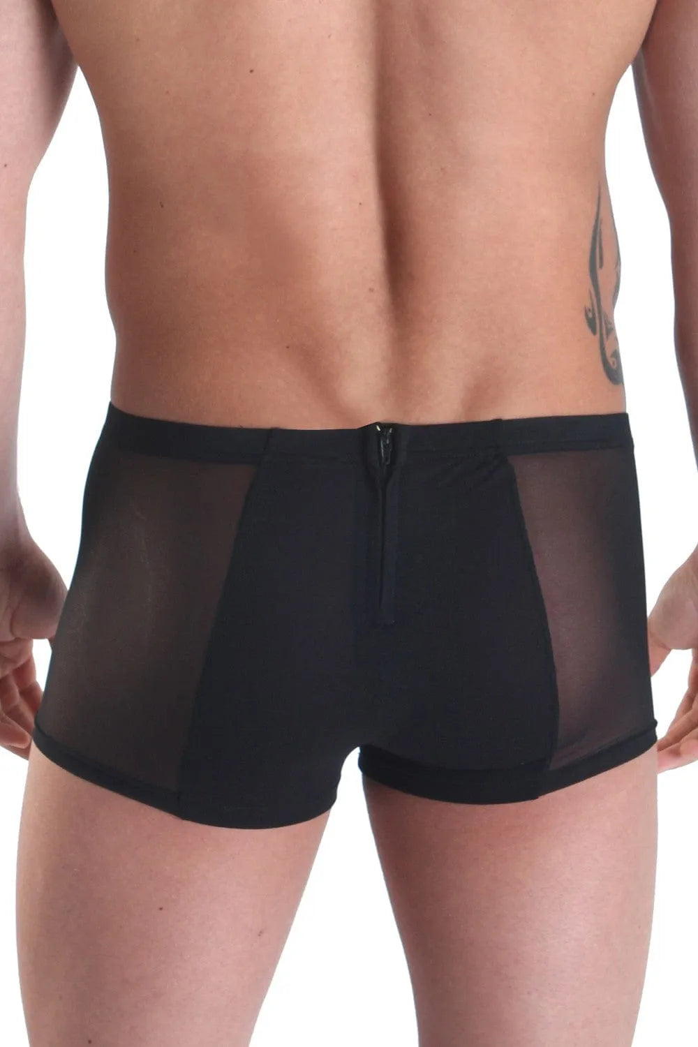 Boxer noir transparent homme, moulant, fermetures avant-arrière, polyamide élasthanne, confort et style tendance.