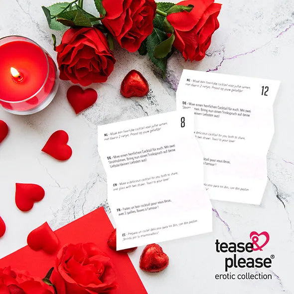 Calendrier Avent romantique, roses rouges, bougies, coeurs, surprises sensuelles pour couples, ambiance intime et festive.