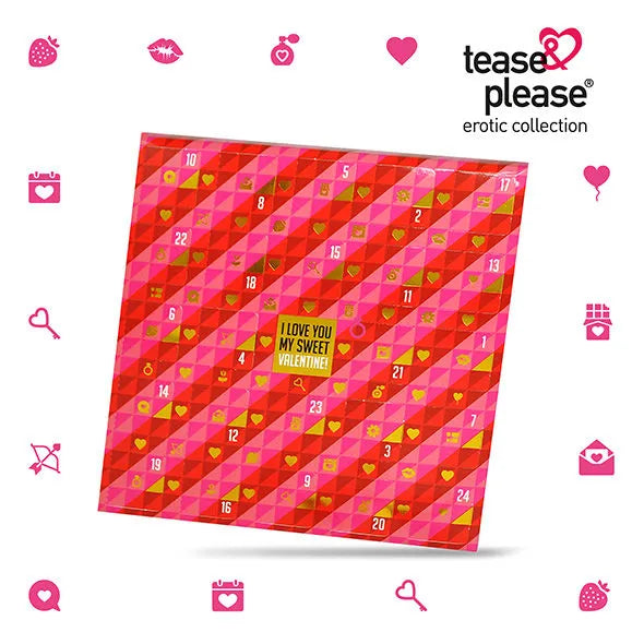Calendrier de l'Avent romantique rouge et rose avec motifs de cœurs, 24 cases surprises pour couples, cadeau intime Noël.