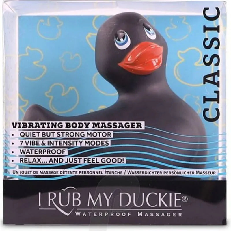 Canard vibrant noir étanche pour massage, relaxation bain, 7 modes, puissant et silencieux, design ludique.