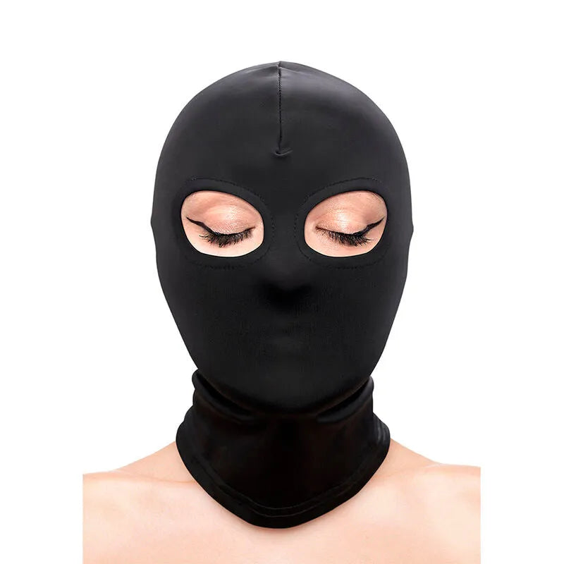 capuche bdsm nylon noir respirant doux ajusté yeux visibles taille unique confort prolongé bondage domination soumission