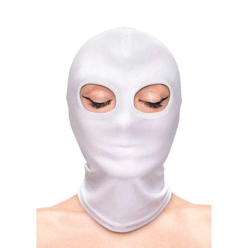 capuche BDSM nylon blanche yeux exposés ajustée douce lisse confortable masquante mystique sophistiquée érotique sensuelle taille unique