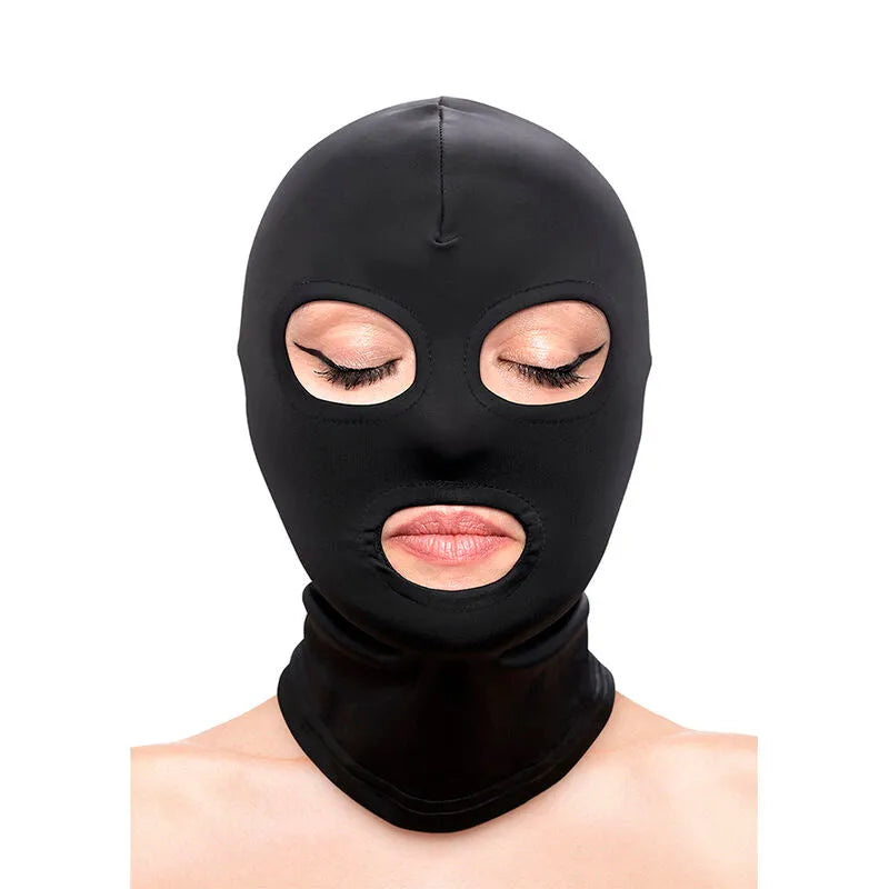capuche nylon BDSM sensuelle douce ajustable tailles universelles ouvertures yeux bouche discrète confortable lavable durable idéale débutants experts