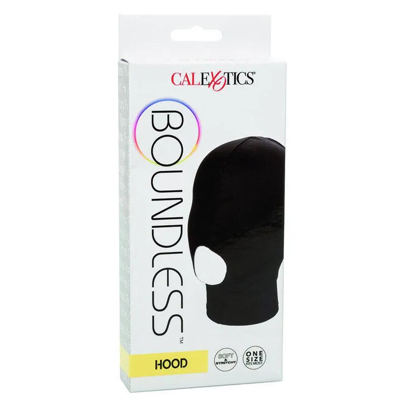 Capuche érotique noire extensible à bouche ouverte, emballage blanc, design sensuel et confortable, taille universelle.