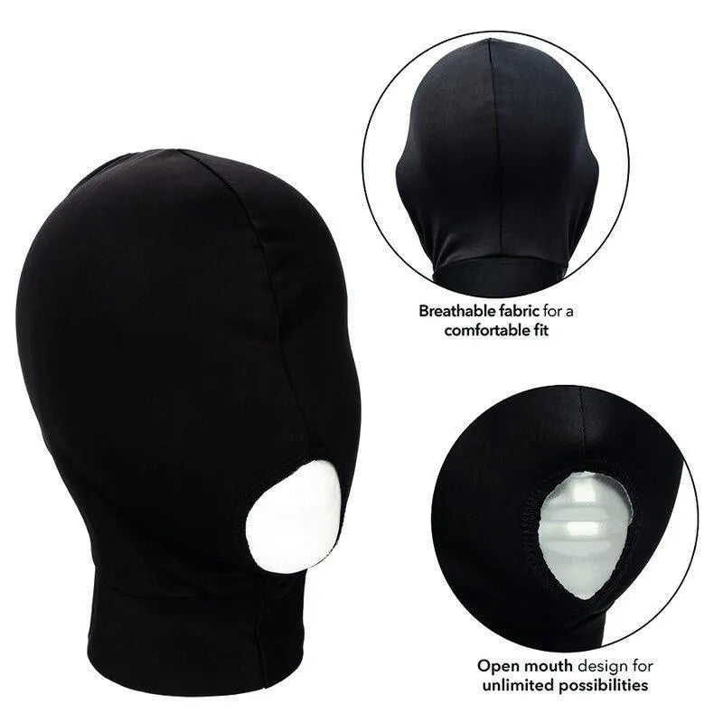 Capuche érotique noire extensible, bouche ouverte, tissu respirant, ajustable, microfibre douce, hypoallergénique.