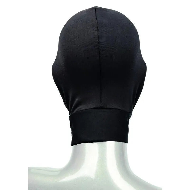 Capuche érotique noire extensible, bouche ouverte, tissu respirant, ajustement universel, design sensuel et confortable.