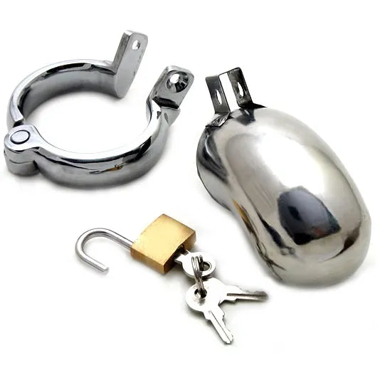 Ceinture de chasteté BDSM en acier inoxydable avec cadenas laiton, anneaux ajustables et orifice mictionnel.