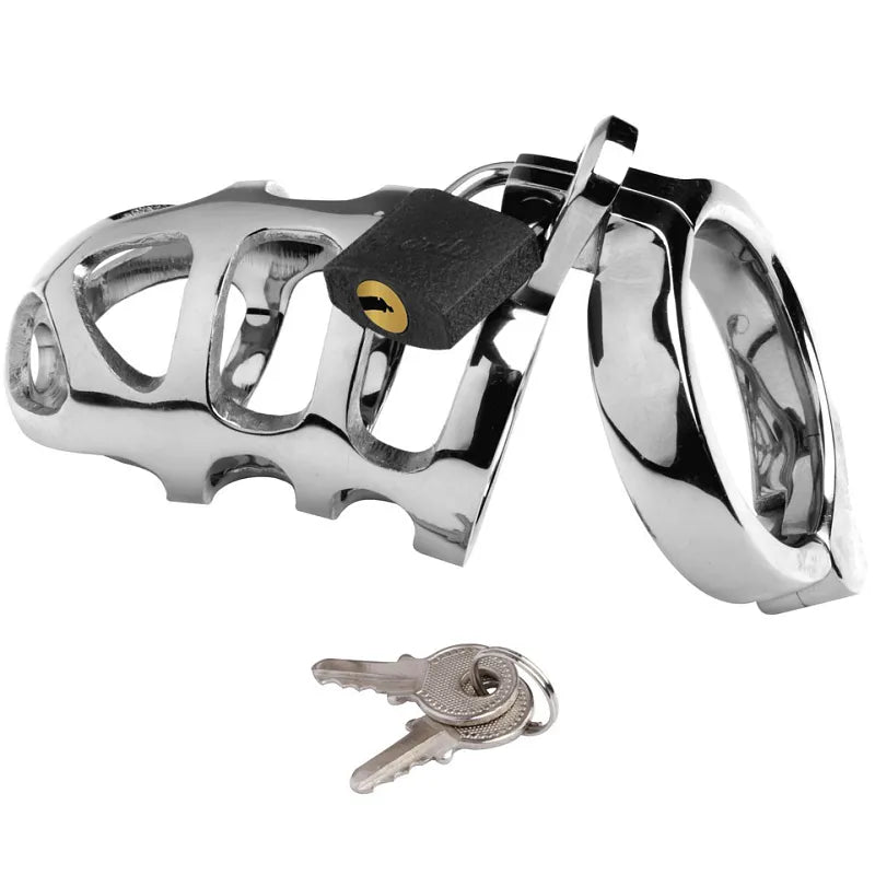 Ceinture chasteté métallique hypoallergénique acier inoxydable sécurité contrôle ergonomique verrouillage goupille interchangeable anneaux ajustable confortable bords lissés corrosion résistante prolongée