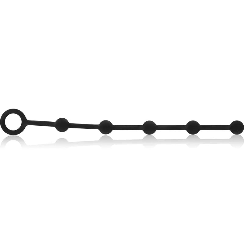 Chaîne anale noire en silicone hypoallergénique avec cinq perles et anneau de retrait sécurisé pour débutants.