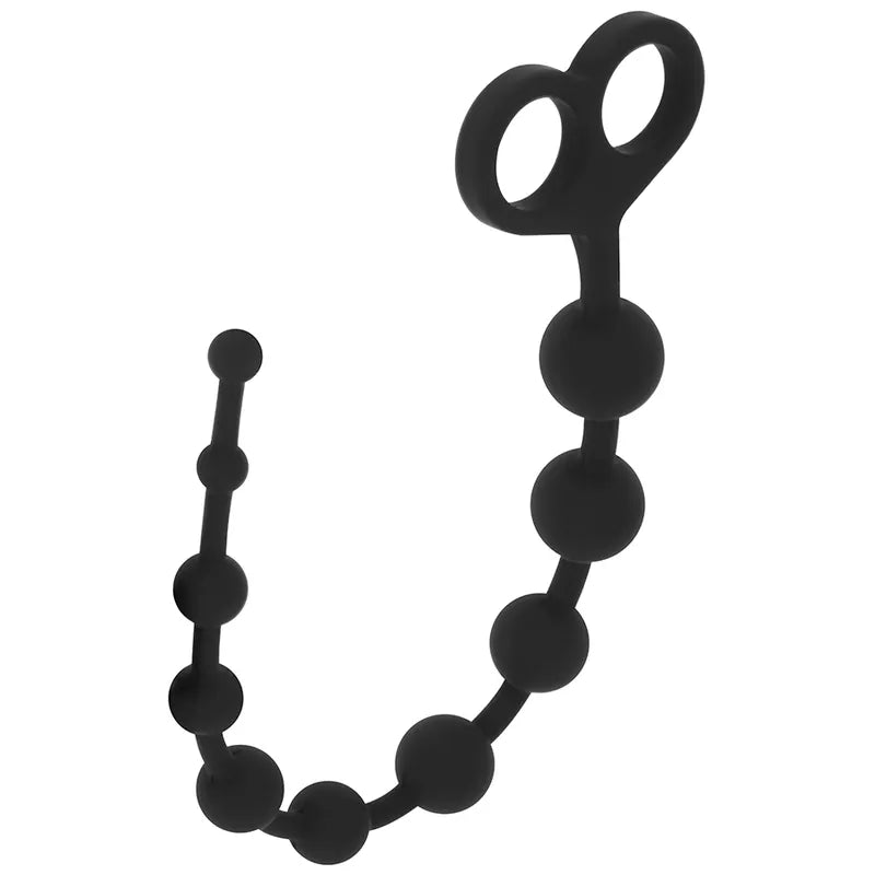 Chaîne anale noire en silicone médical souple, 30 cm, 7 nodules, poignée double trou, flexible et ergonomique.