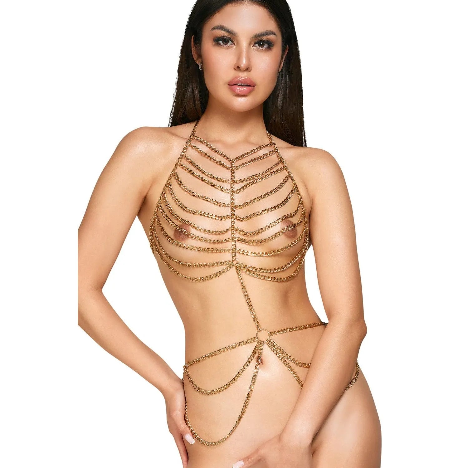chaîne corps dorée ajustable glamour sensuelle couvrante poitrine hanches réglable mousquetons métal durable confortable plage soirée silhouette audacieuse sexy