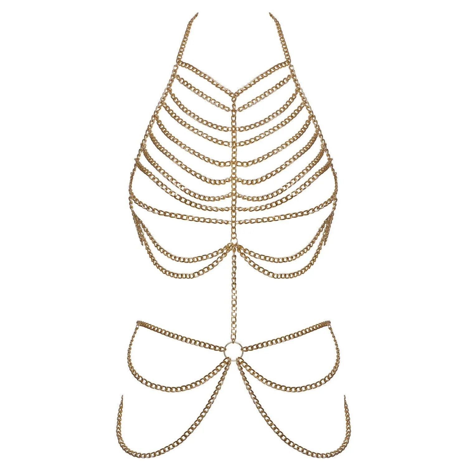 Chaîne de corps dorée ajustable, couvrant poitrine et hanches, avec fermetures à mousquetons, style glamour et sensuel.