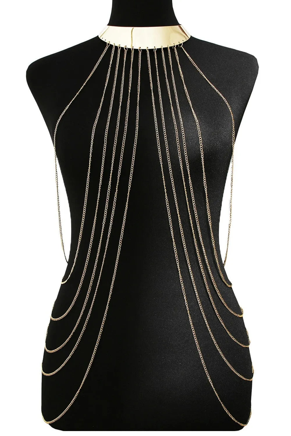 chaîne corps dorée élégante raffinée sophistiquée fine métallique plaquée brillante subtile ajustable poitrine cou soirée robe lingerie glamour délicate durable