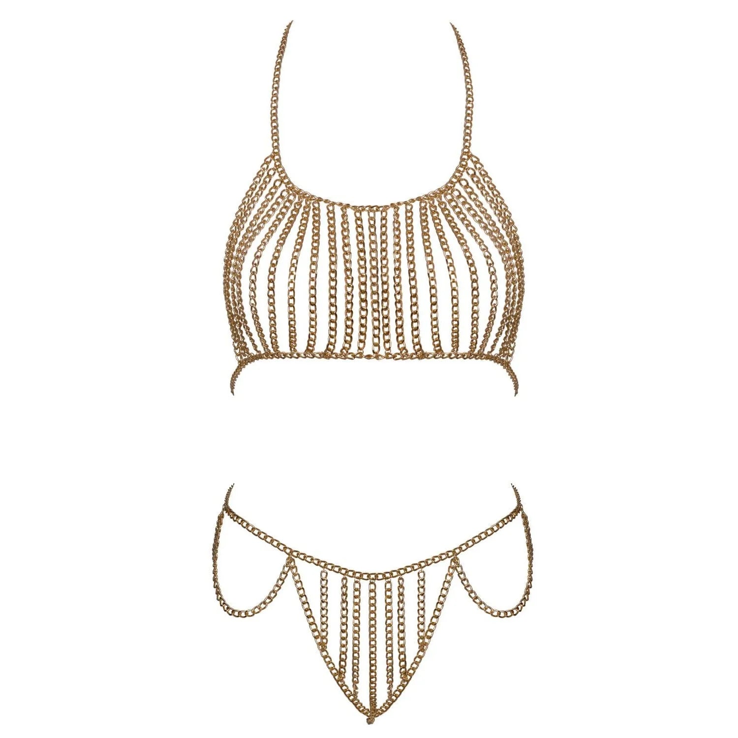 Chaîne lingerie érotique en métal doré, ajustable, délicate, silhouette féminine, élégante et sensuelle, haute qualité.
