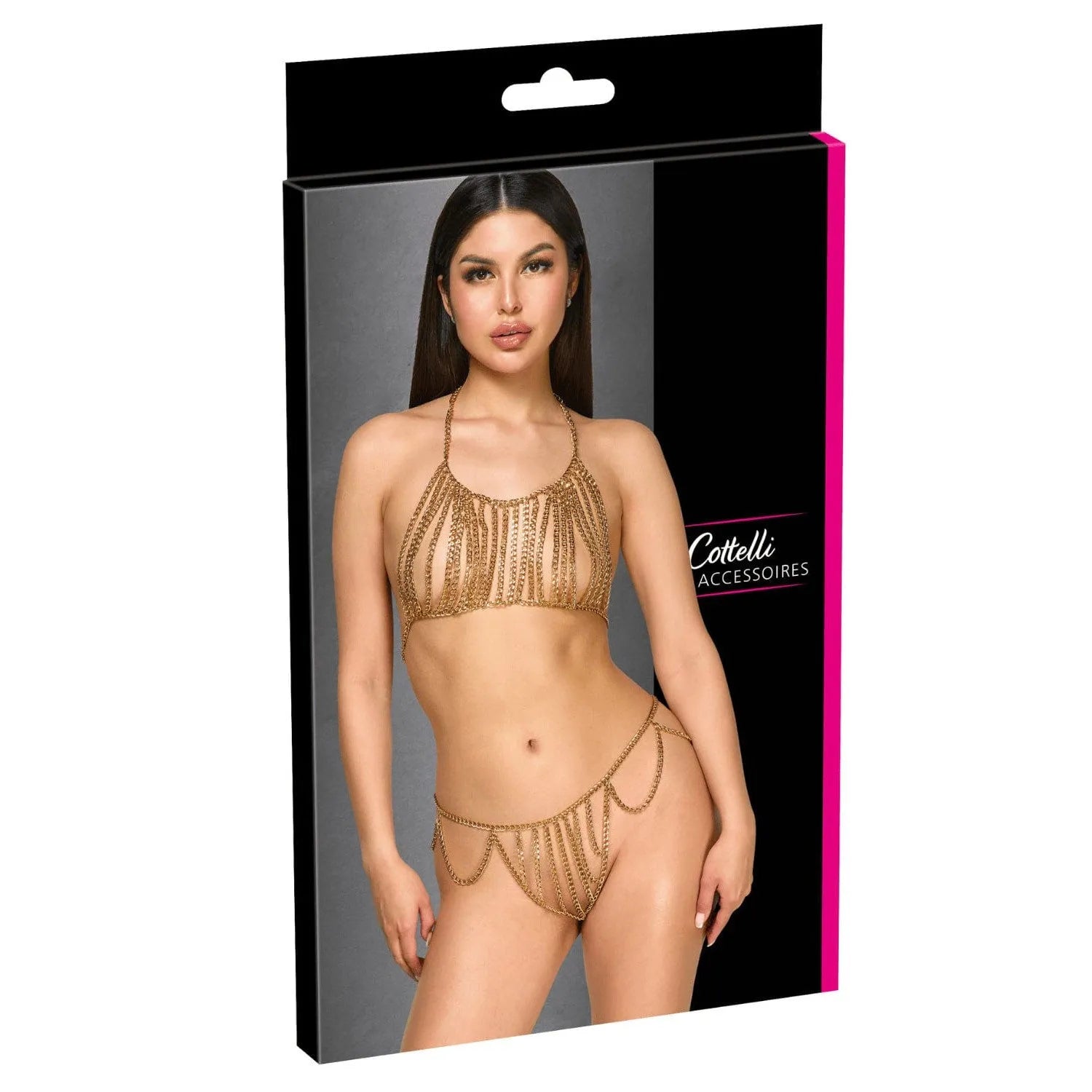 Chaîne lingerie érotique dorée ajustable, délicate et féminine, mettant en valeur la silhouette, sur fond neutre.