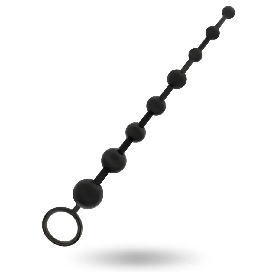 Chaîne de perles anales noires TPR doux, tailles progressives, anneau de retrait, longueur 29cm, ergonomique pour débutants.