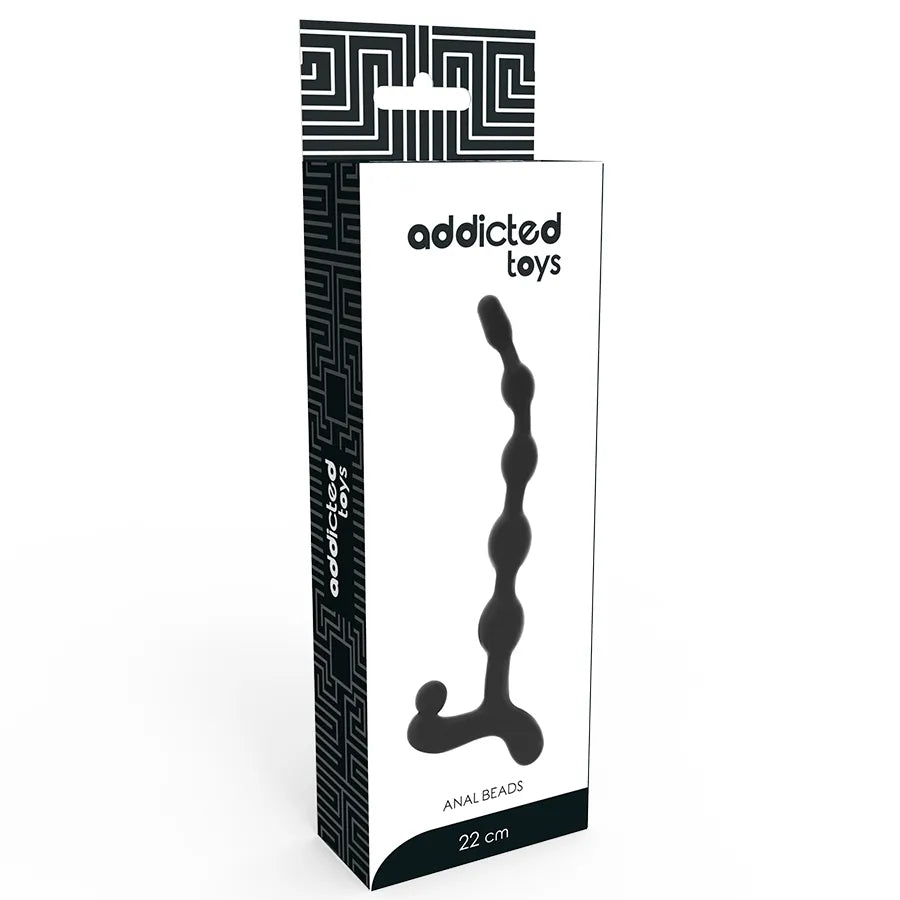 Chaîne de perles anales noires TPR, 5 perles progressives, anneau ergonomique, longueur 22cm, emballage Addicted Toys.