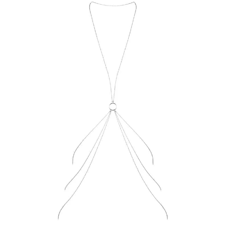 Chaînes de corps en métal argenté, style cabaret années 20, forme de 8, élégance rétro, glamour vintage.