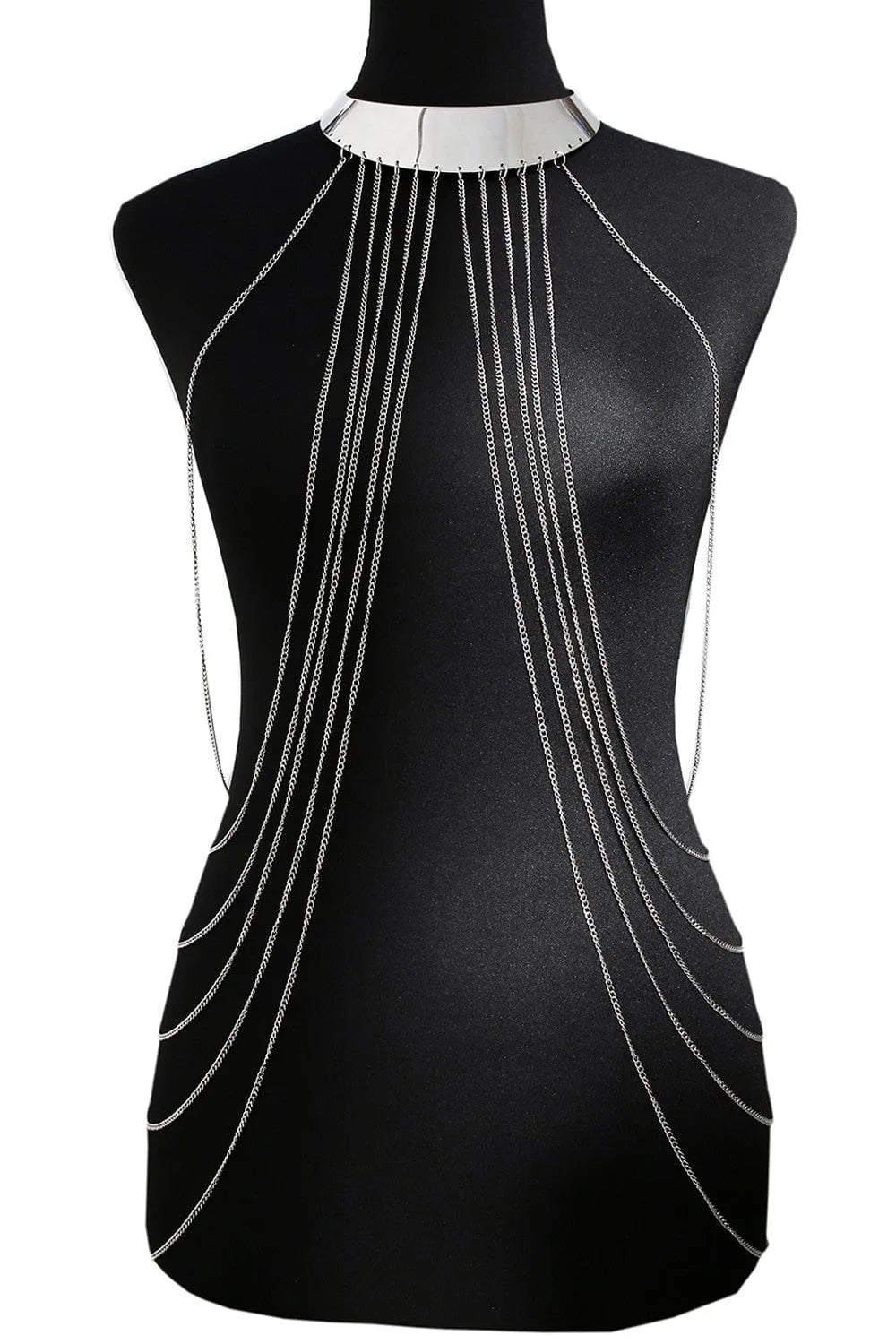 chaîne corps argentée robe sexy haut noir finition brillante métal revêtement argent attache nuque ajustable élégant intemporel raffinement