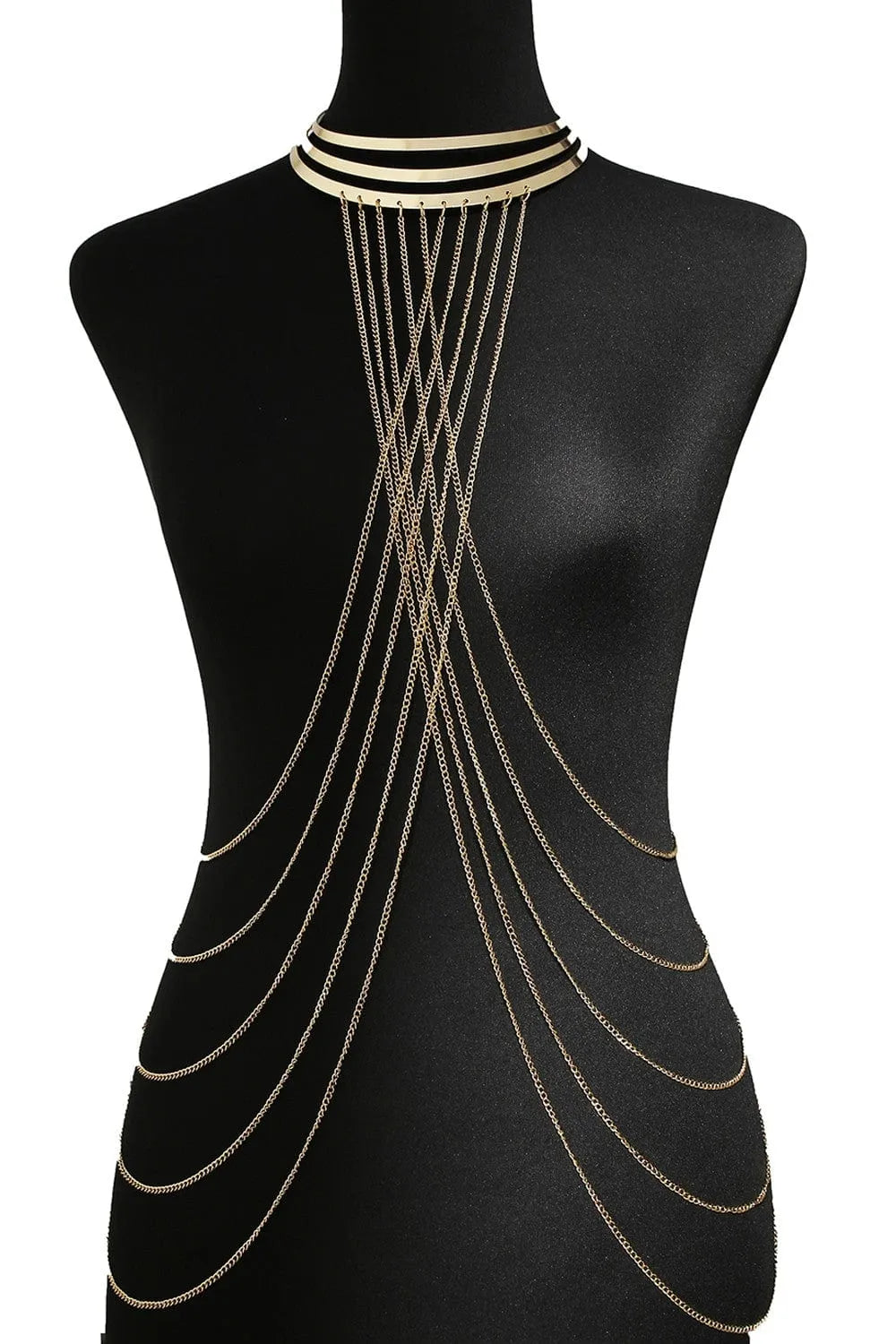 chaine corps dorée fine bijou métal plaqué or réglable attache cou silhouette sculptante soirée robe noire glamour durable