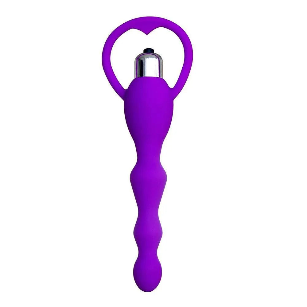 chapelet anal ondulé violet vibrant poignée mini vibreur silicone médical ABS longueur17cm base11point5cm sphères progressives stimulation intense pilesLR44incluses