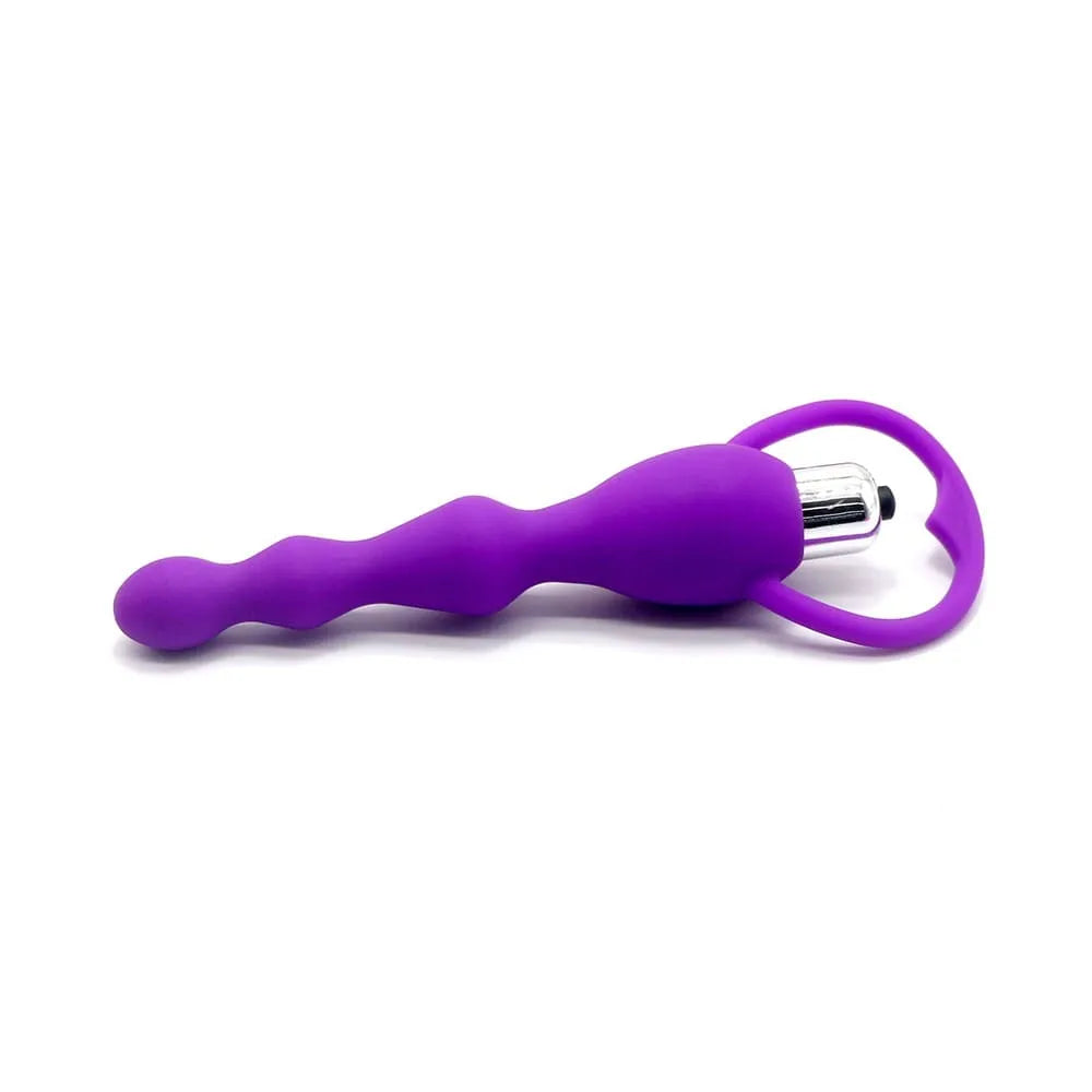 Chapelet anal violet ondulé vibrant avec poignée, en silicone médical, longueur 17 cm, stimulation intense.