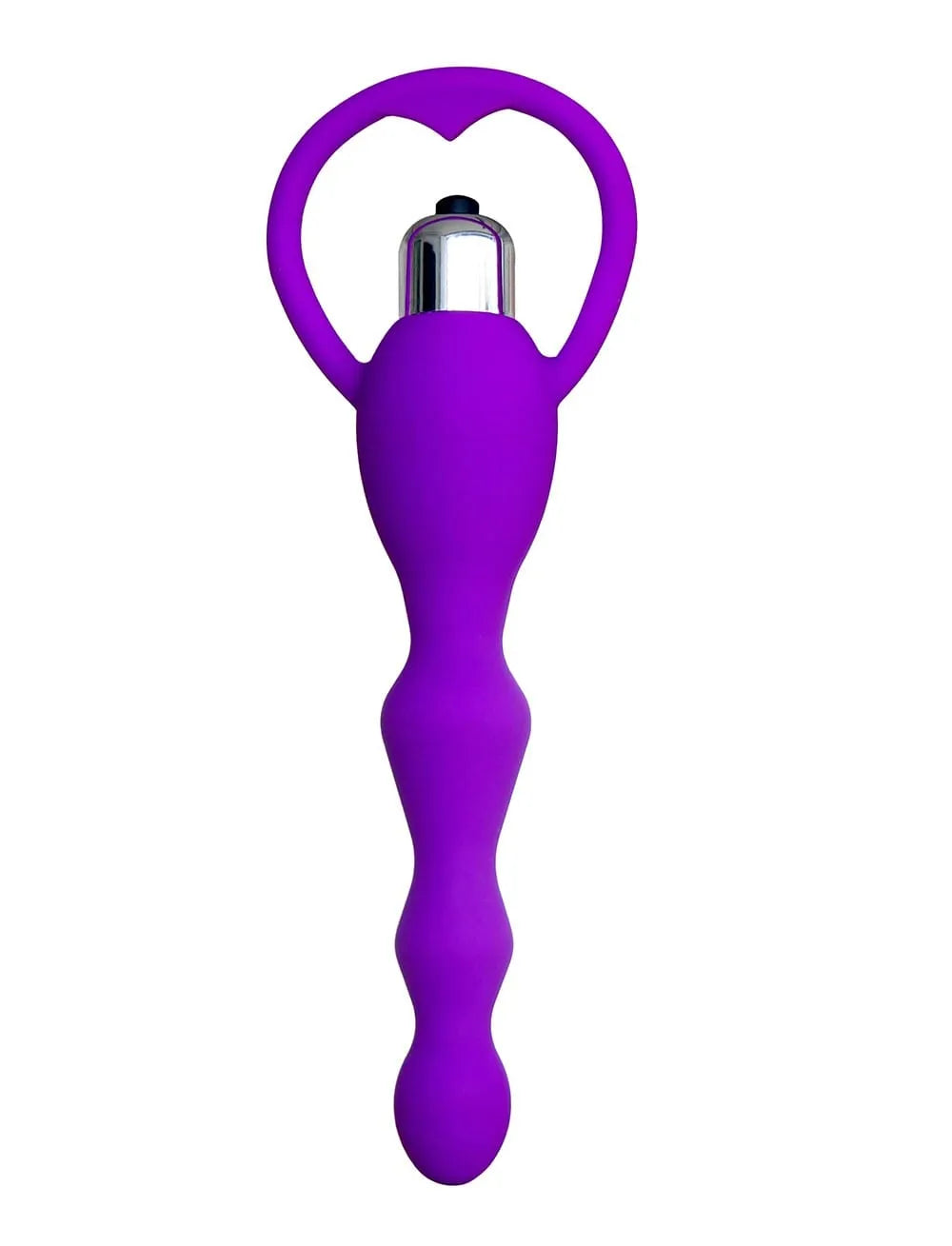 Chapelet anal violet ondulé vibrant avec poignée en silicone médical, 17 cm, stimulation intense, piles incluses.