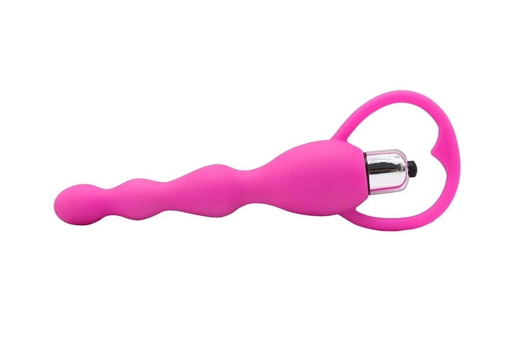 Chapelet anal vibrant rose en silicone médical, ondulé, avec poignée et vibreur intégré, longueur 17 cm, diamètre progressif.