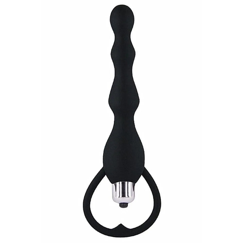 Chapelet anal vibrant noir silicone médical ABS poignée retrait orgasmique longueur 17cm diamètre 1cm 3cm base 115mm piles LR44 incluses